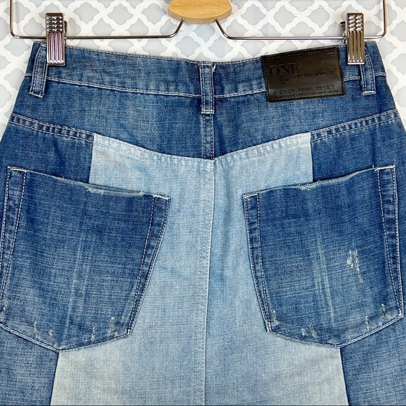 EUC One Teaspoon 2020 Medium Wash Two-Tone Distressed Denim Mini Skirt - Picture 6 of 12